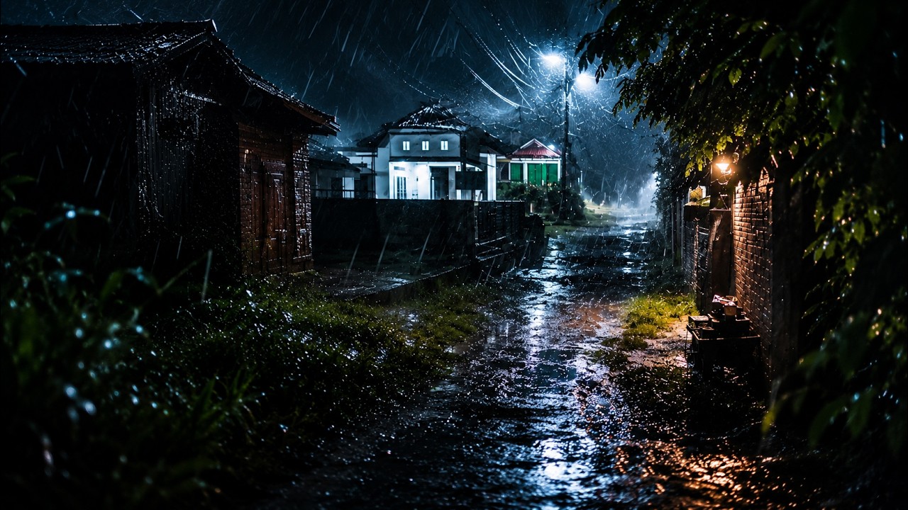ASMR Heavy Rain at Night 🌧️ Peaceful Village Ambience for Deep Sleep & Relaxation (1 Hours)