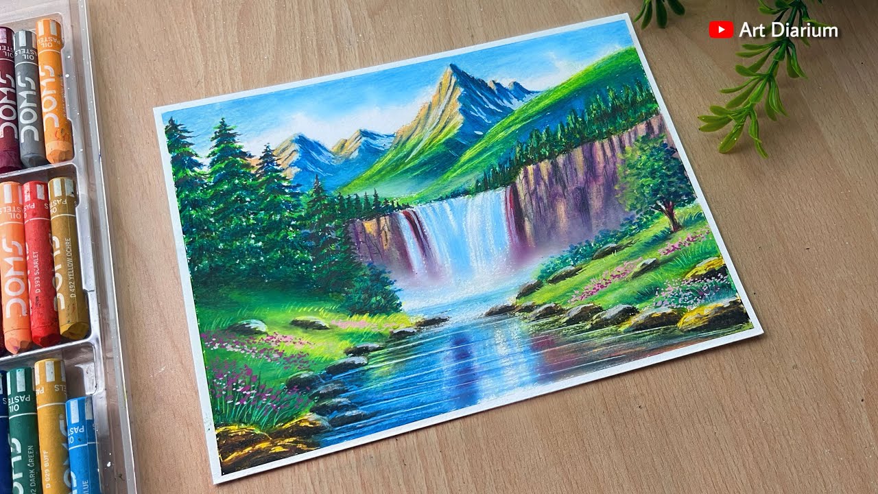 Mountain Waterfall Nature Scenery Drawing with Oil Pastel - Step-by-step 🎨🌿