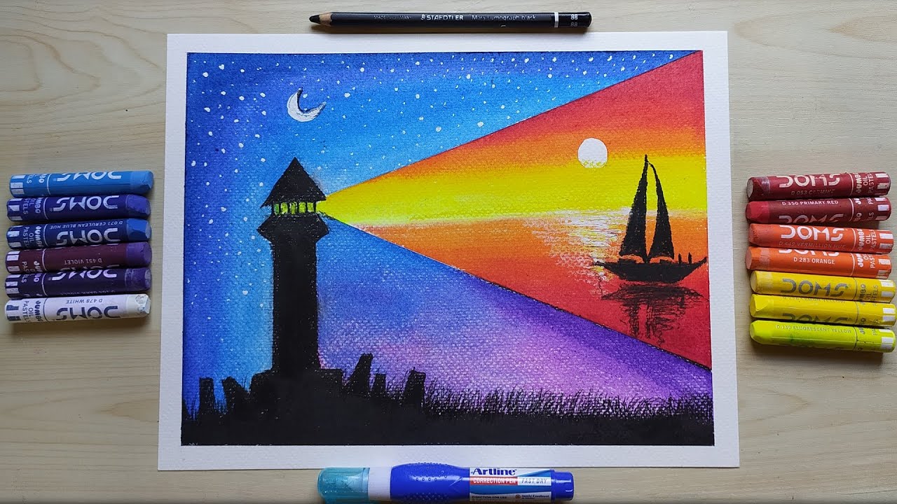 Lighthouse Double Exposure, Day and Night Scenery | Drawing with Oil Pastels | for beginners