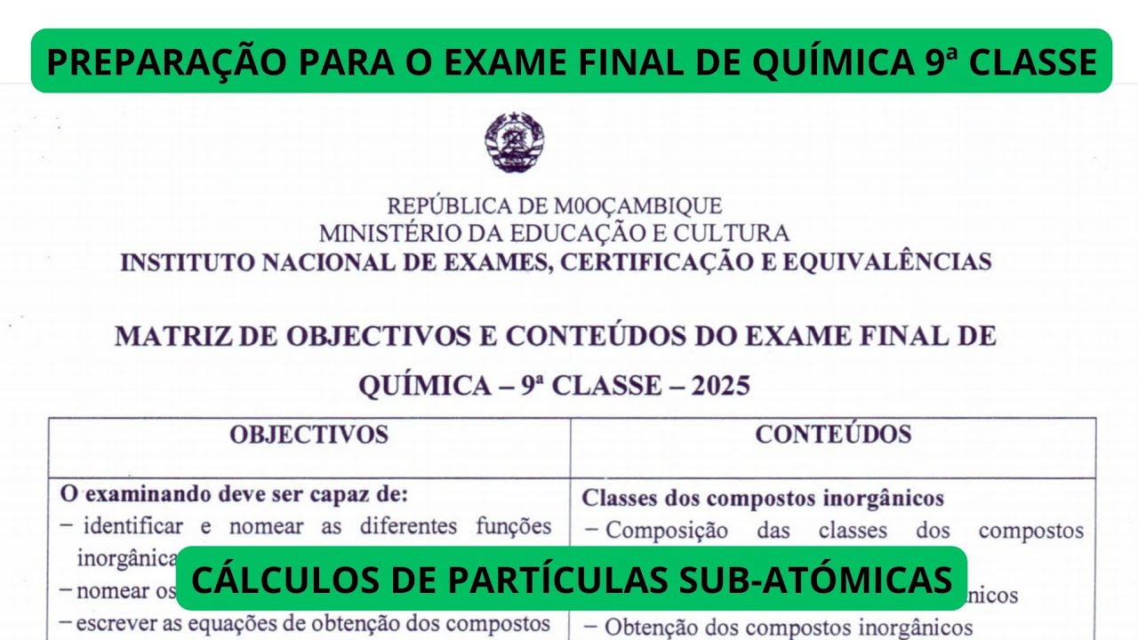 CÁLCULOS ENVOLVENDO PARTÍCULAS SUB-ATÓMICAS | MATRIZ DE QUÍMICA 9ª CLASSE 2025