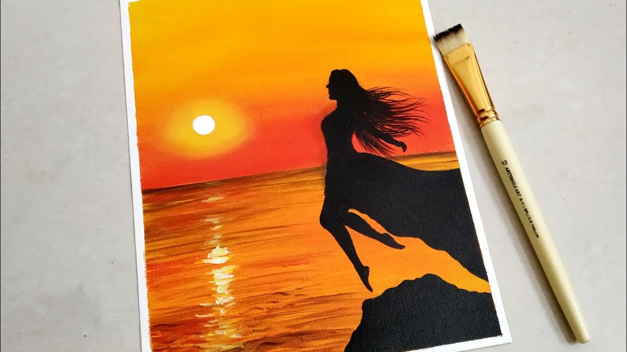 A Lonely girl in a Sunset Seascape Beach Landscape Painting tutorial step by step/ Acrylic painting