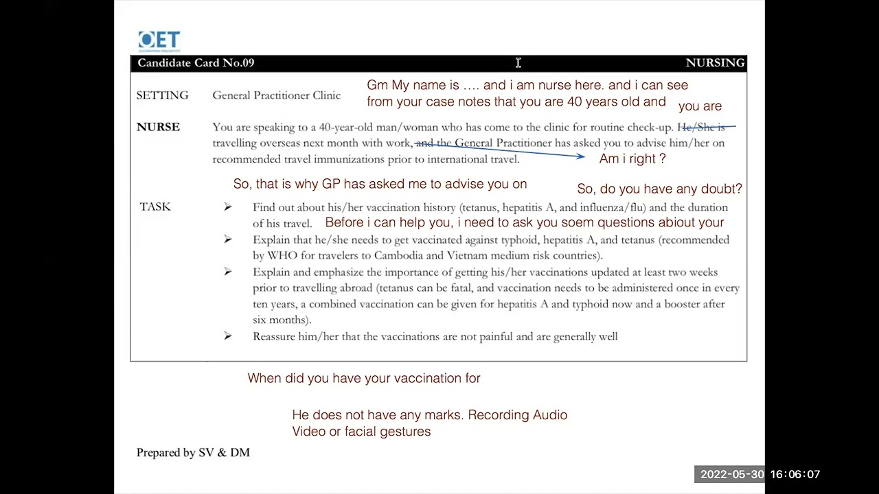 Sample of oet speaking | oet role play sample | Vaccination prior to international travel topic