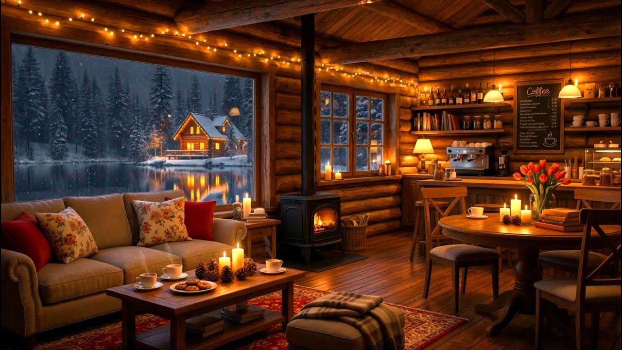 Coffee Shop Ambience Cozy in Lakeside Winter Night ⛄ Relaxing Jazz Instrumental Music to Study, Work