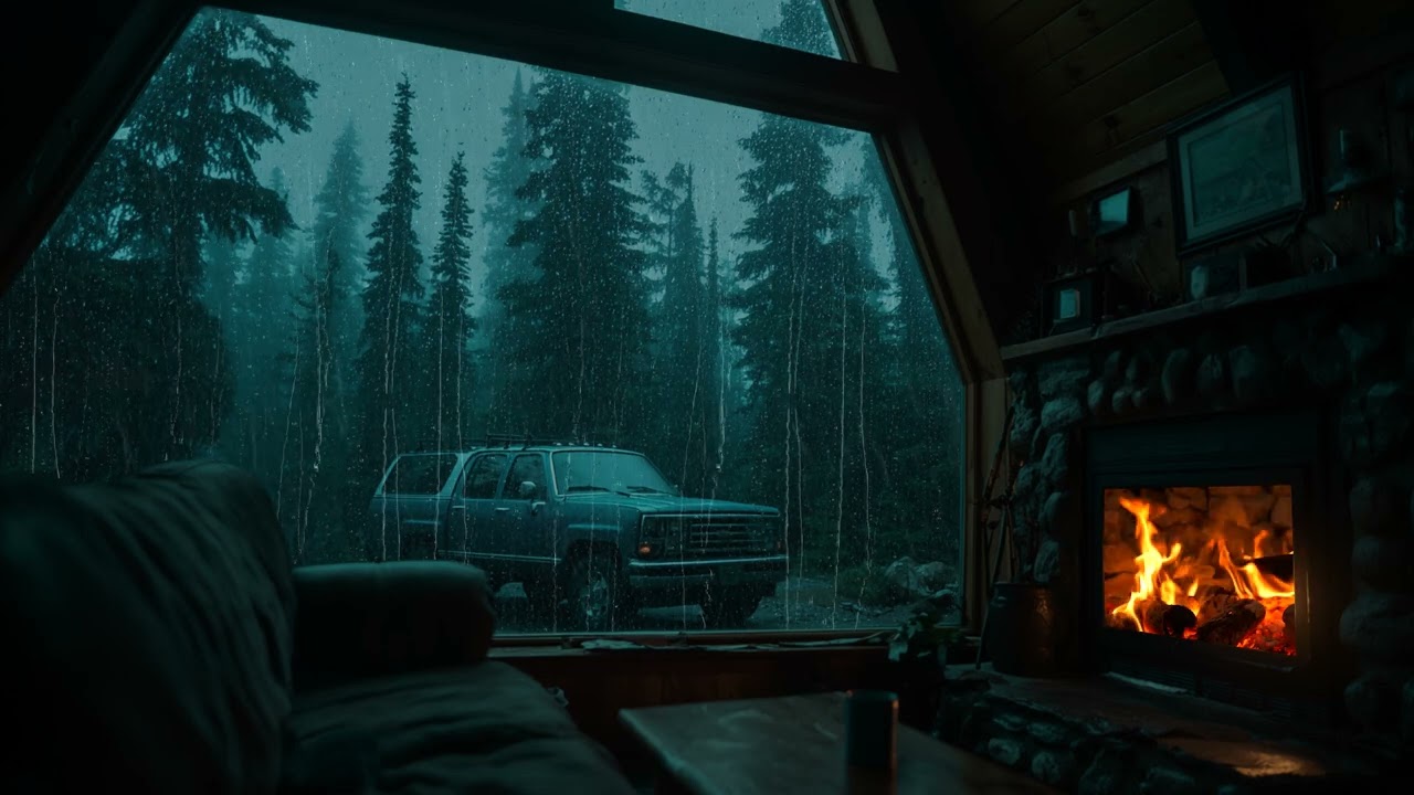 Cozy Cabin Rainfall 🌧 Quiet Night Rain with Fireplace Warmth for Sleeping and Stress Relief