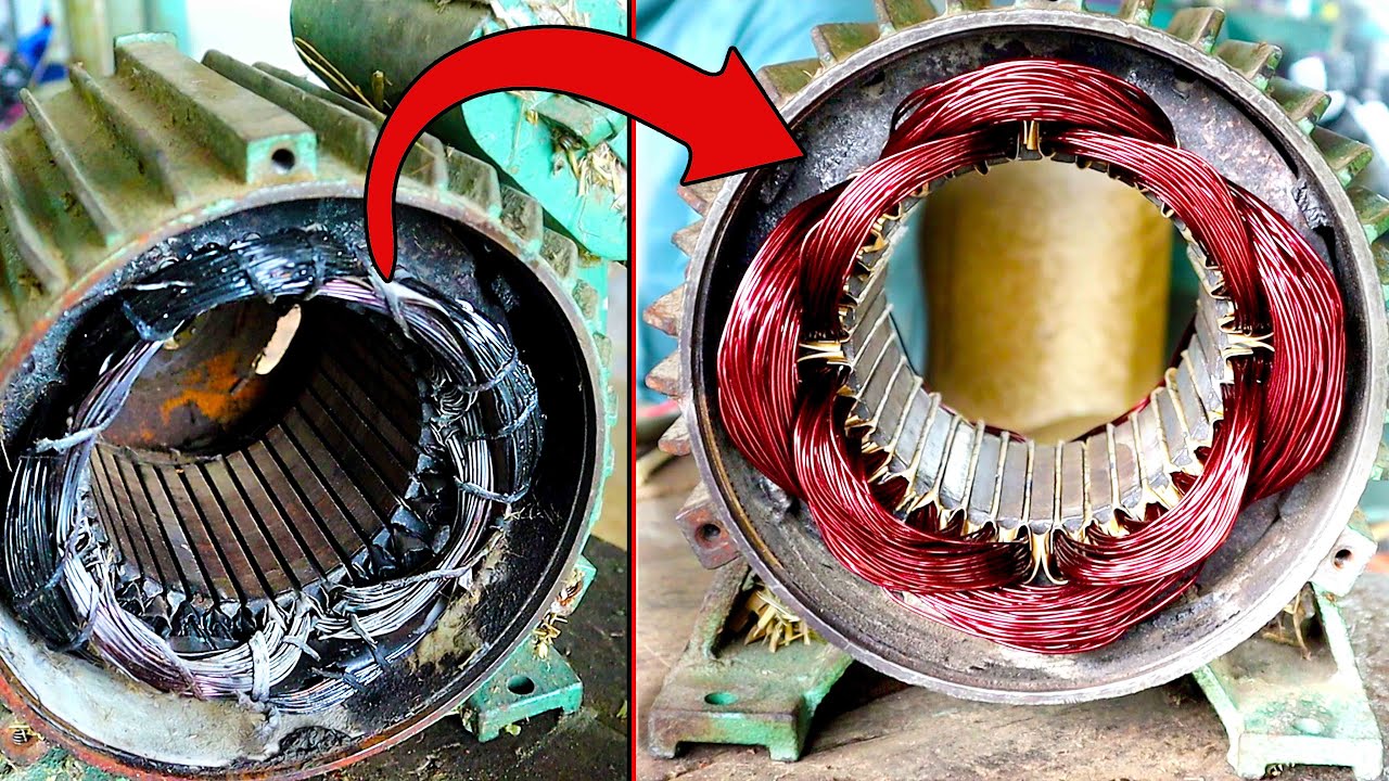 2HP Electric Motor Rewinding Incredible Process | Rebuild Burned Motor Stator Coil