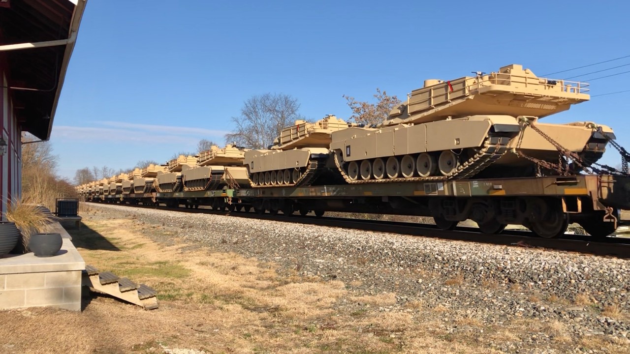 Heavy Train Needs Help From Switcher To Get Up Hill, Abandoned RR Track & Military Train With Tanks