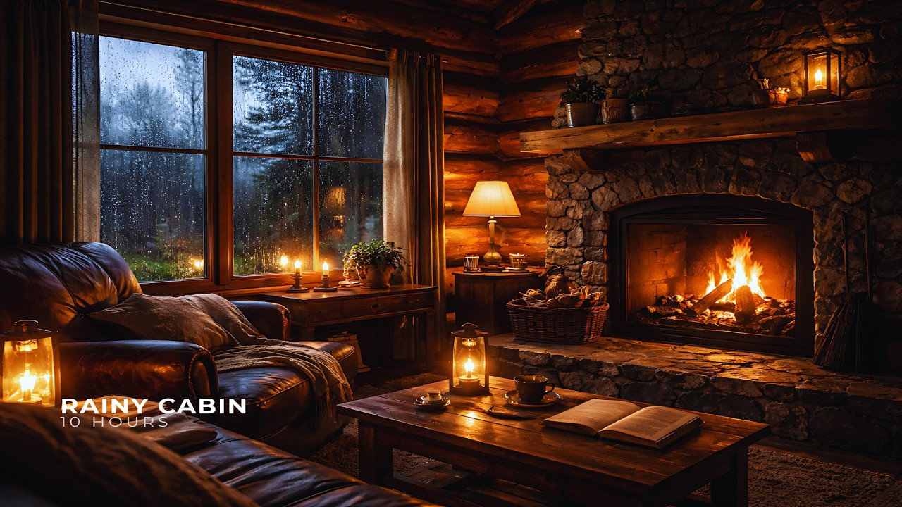 Rainy Cabin Fireplace 🔥 10 Hours | Cozy Rain & Fire Sounds for Sleep