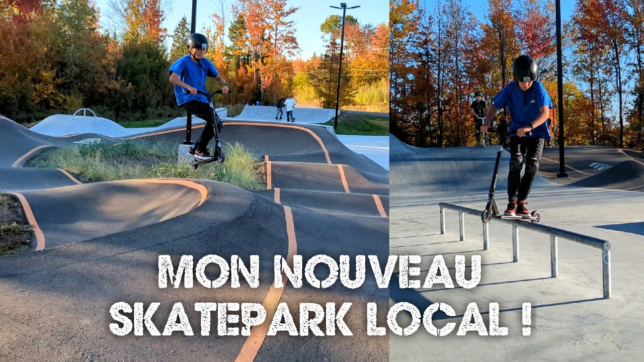 Session de trottinette freestyle dans un  nouveau skatepark avec pumptrack à Mont-Carmel  ( Québec )