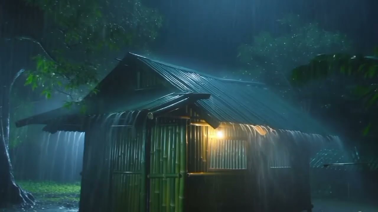 Heavy Rain on a Cozy Bamboo Hut in the Forest 🌧️ No Music – Pure Rain for Deep Sleep