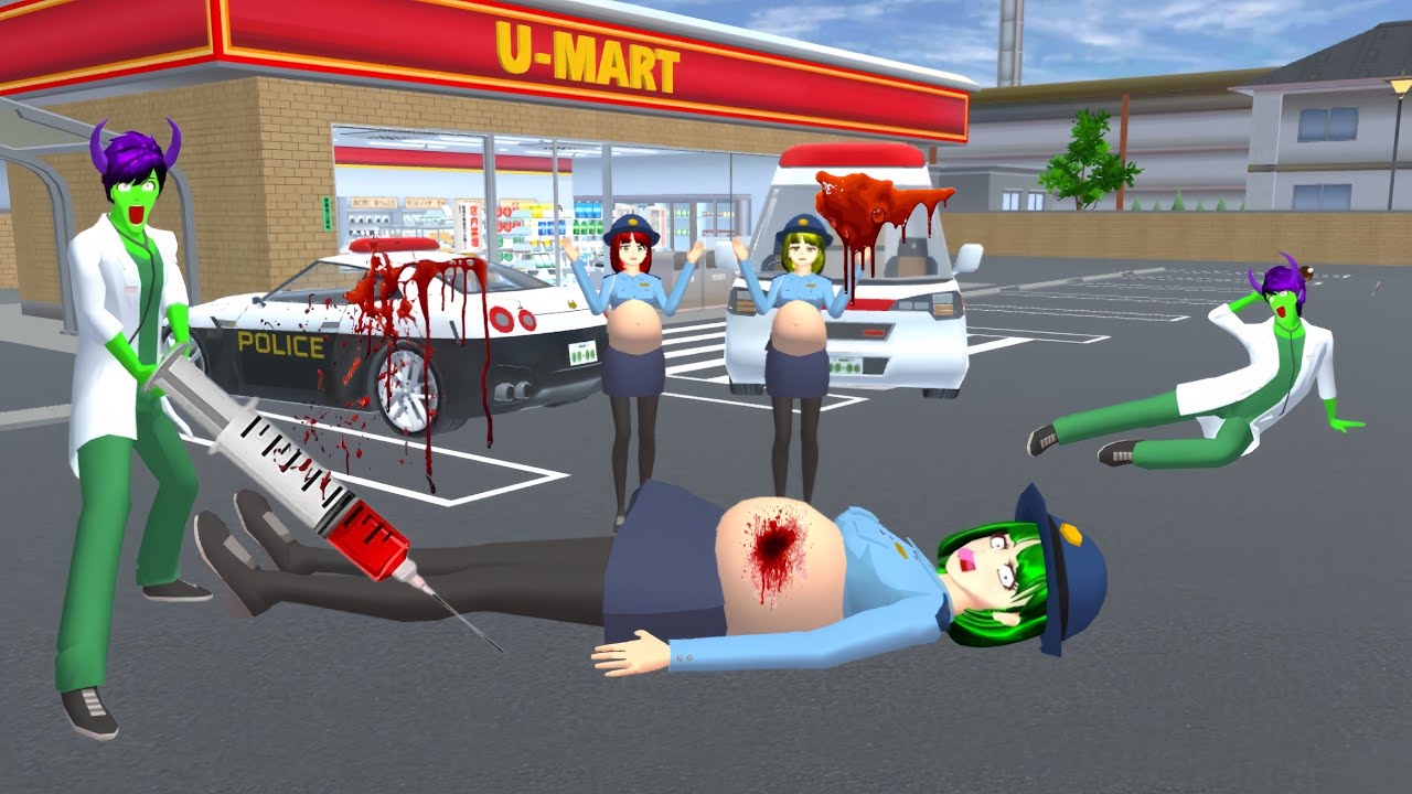 Pregnant police officer with colorful hair attacked by zombies and kidnapped - sakura school