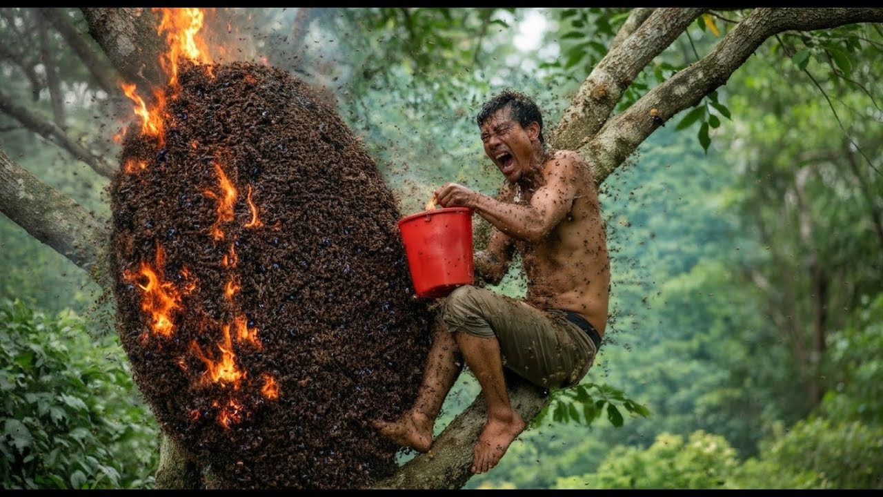 INSANE Wild Honey Harvest 2026 | 2 Men vs 2 Giant Beehives on a 100m Coconut Tree