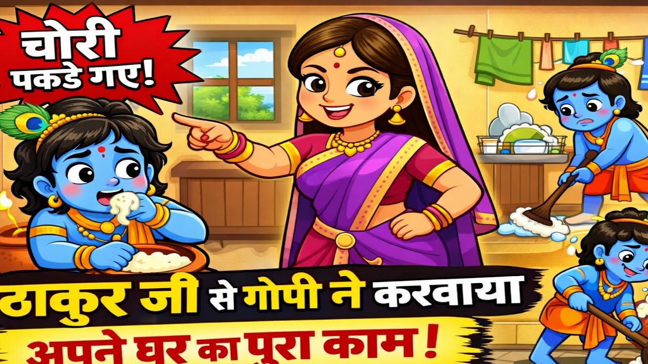 माखन चोरी करते पकड़े गए ठाकुर जी से गोपी ने करवाया अपने घर का पूरा काम