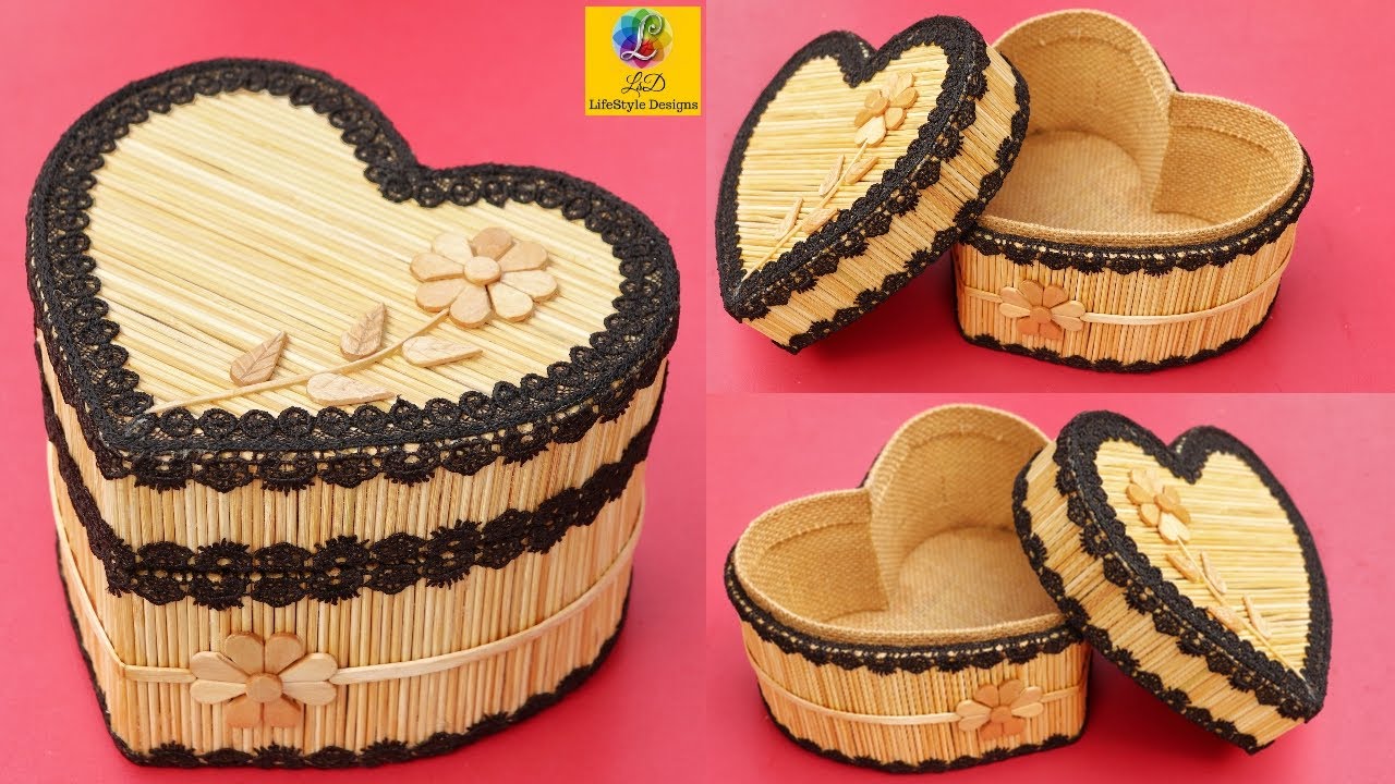 Heart Shaped Jewellery box Making with Jute, Cardboard and Bamboo Sticks | DIY Jewellery box Design