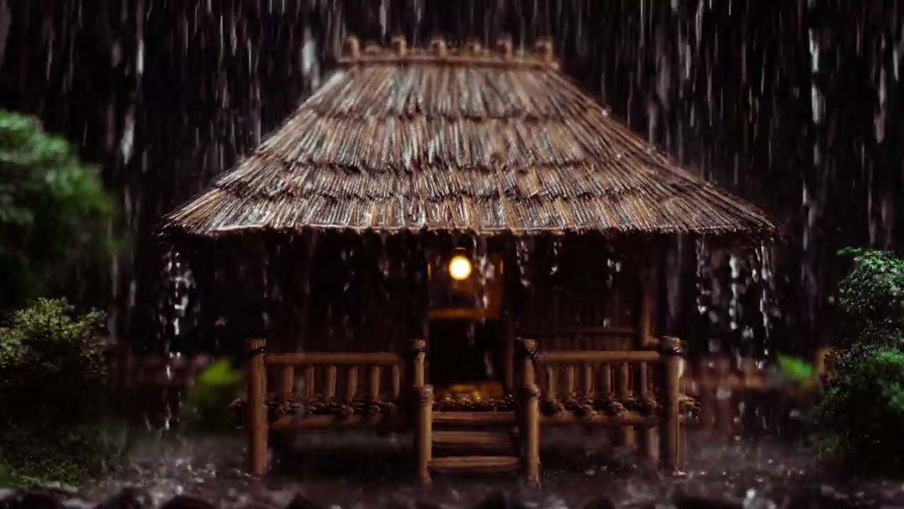 Heavy Rain Falling on Traditional Wooden Huts | Peaceful Night Ambience