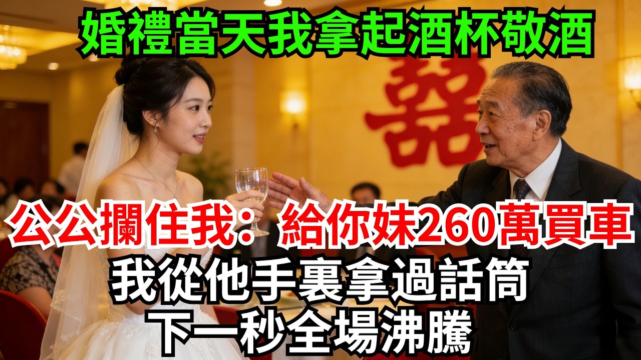 婚禮當天我拿起酒杯敬酒，公公突然攔住我：給你妹260萬買車，不然婚禮別辦了；新郎站在一旁不吱聲，我從他手裏拿過話筒，下一秒全場沸騰#完結故事#情感故事#爽文#婆媳關系#家庭生活#故事頻道#故事分享