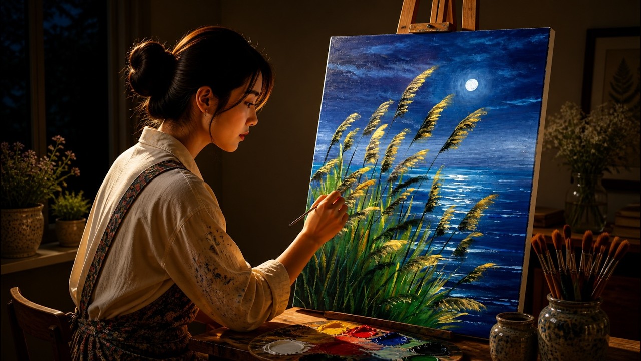 STEP by STEP Acrylic Painting | Easy Moonlight Lake Painting #107