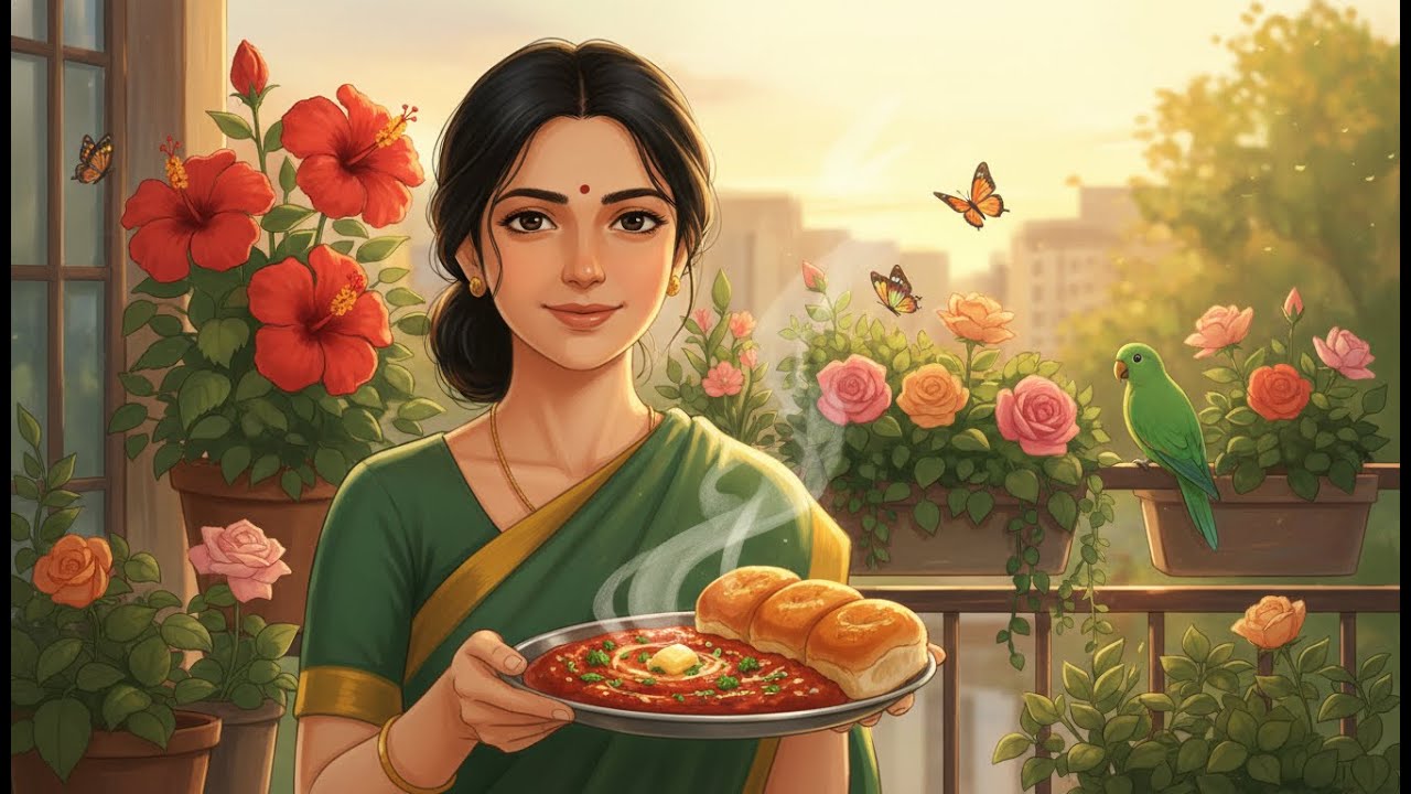 Ghibli-Style Pav Bhaji & Balcony Garden 🍲 | A Peaceful Indian Evening 🌆