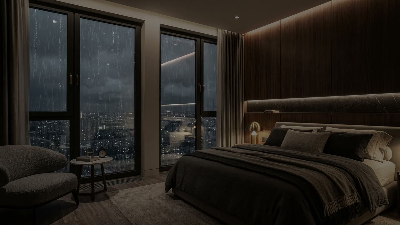Gentle Urban Rain 🌦️ Seen From A Skyline Bedroom As Shimmering Streets Glow Below 🌃