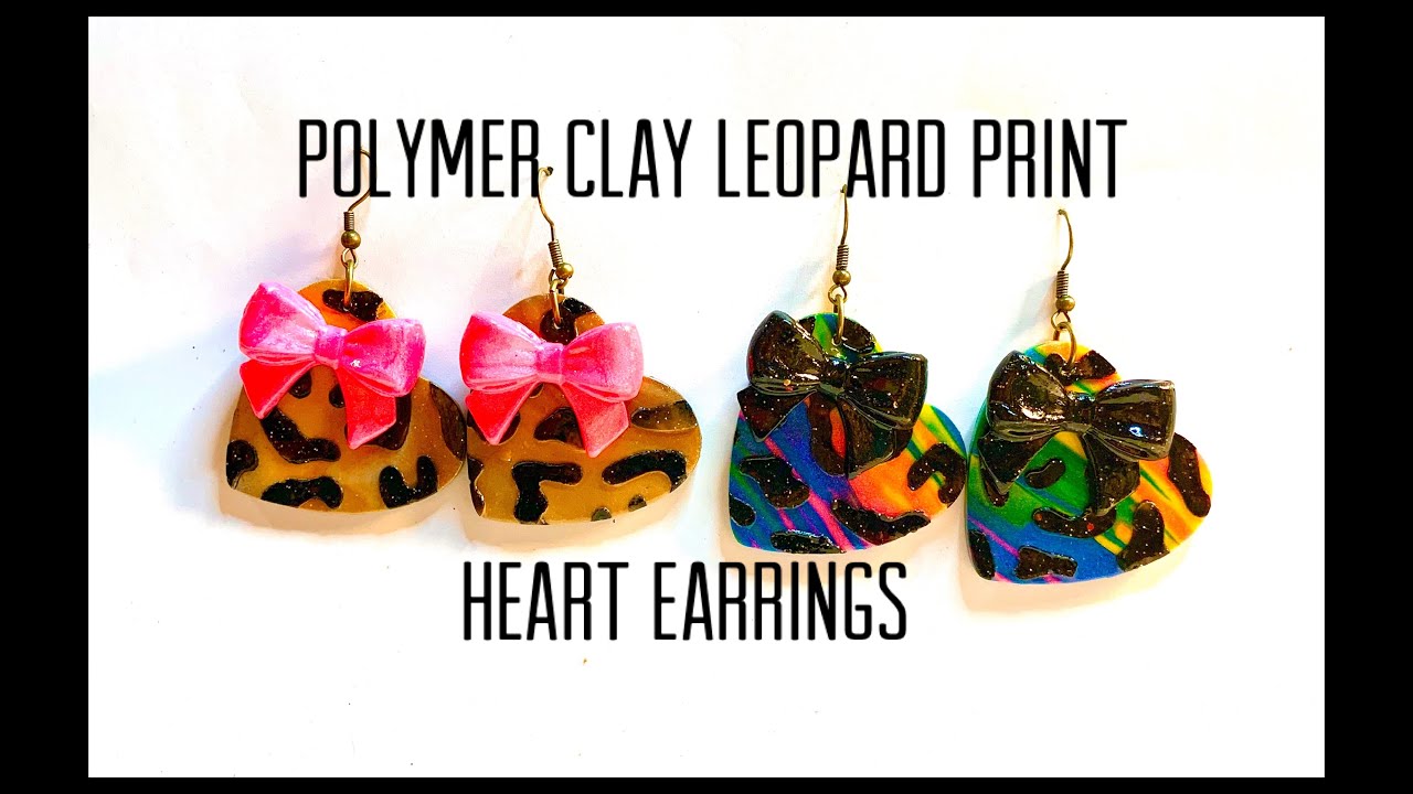 Polymer clay animal (leopard) print heart earrings