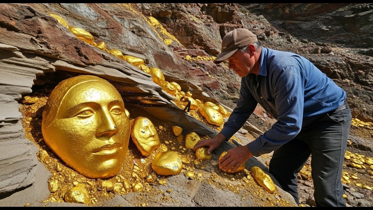“Unbelievable Discovery: Giant Gold Faces Found Buried in Rock!”