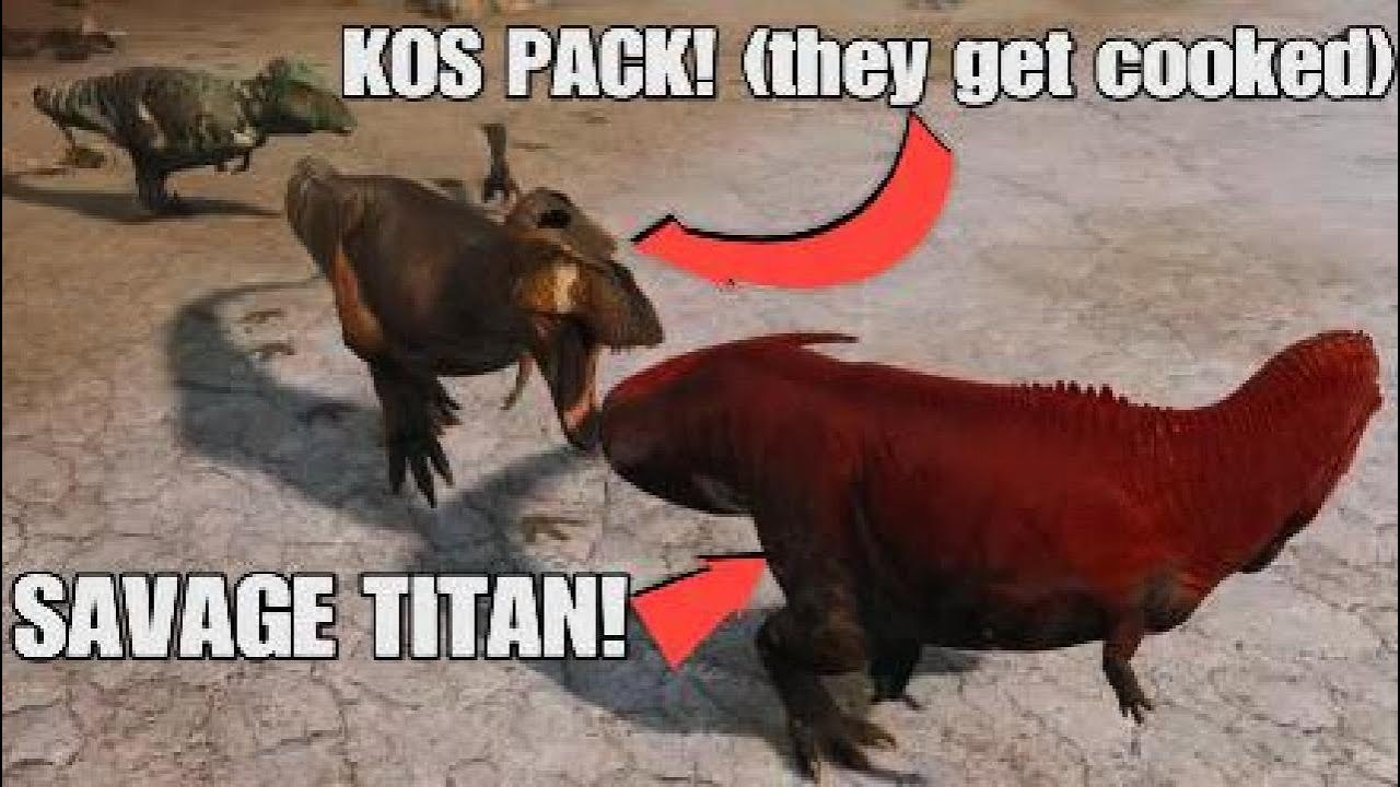 Unstoppable tyrannotitan Vs KOS pack! (2 rex, conc, achi, raptors) |Path of titans Official PvP