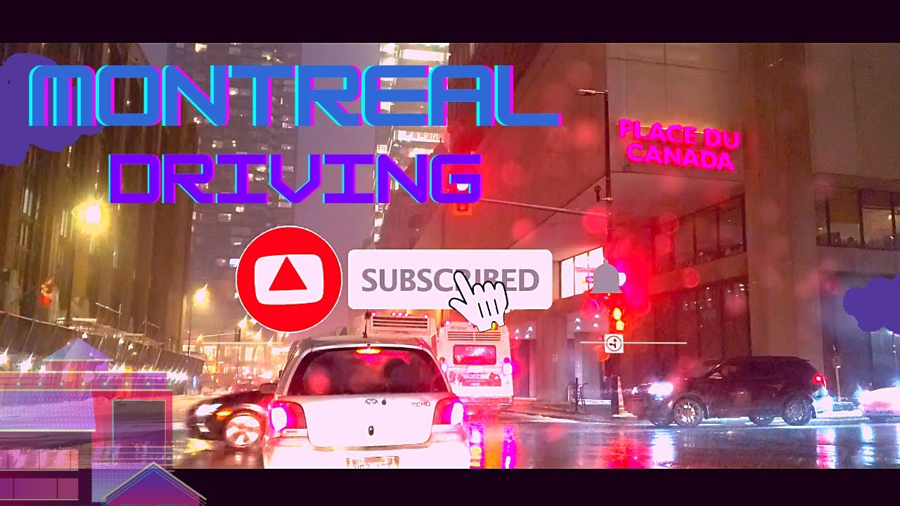 Montreal driving in evening rain , vivid colors after sunset