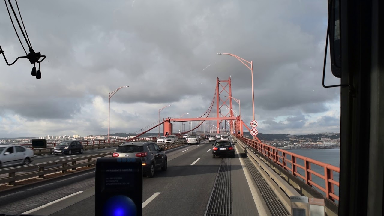 Driving in Lisbon, on both sides of Tagus river. (Bus view)