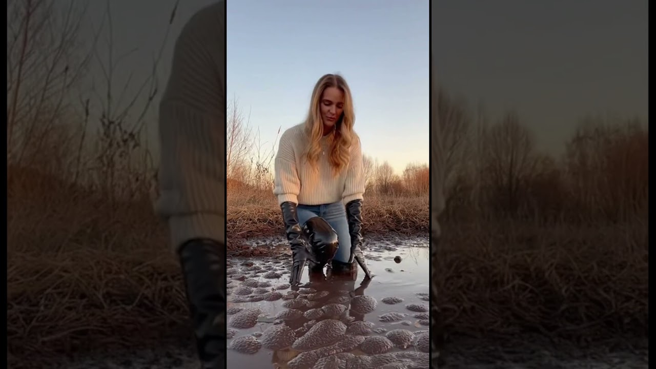 AI Muddy Overknee Boots, Leather Gloves Kneeling in Deep Mud 🌧️ | Realistic Scene #boots #mud #heels