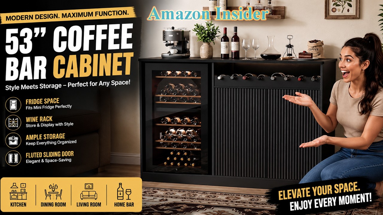 DTK 53&rdquo; Coffee Bar Cabinet Review | Modern Bar Cabinet with Mini Fridge Space & Wine Rack