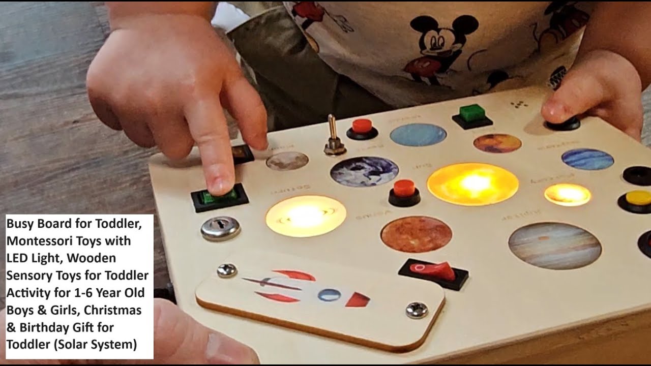 Busy Board for Toddler, Montessori Toys with LED Light, Wooden Sensory Toys for Toddler Activity
