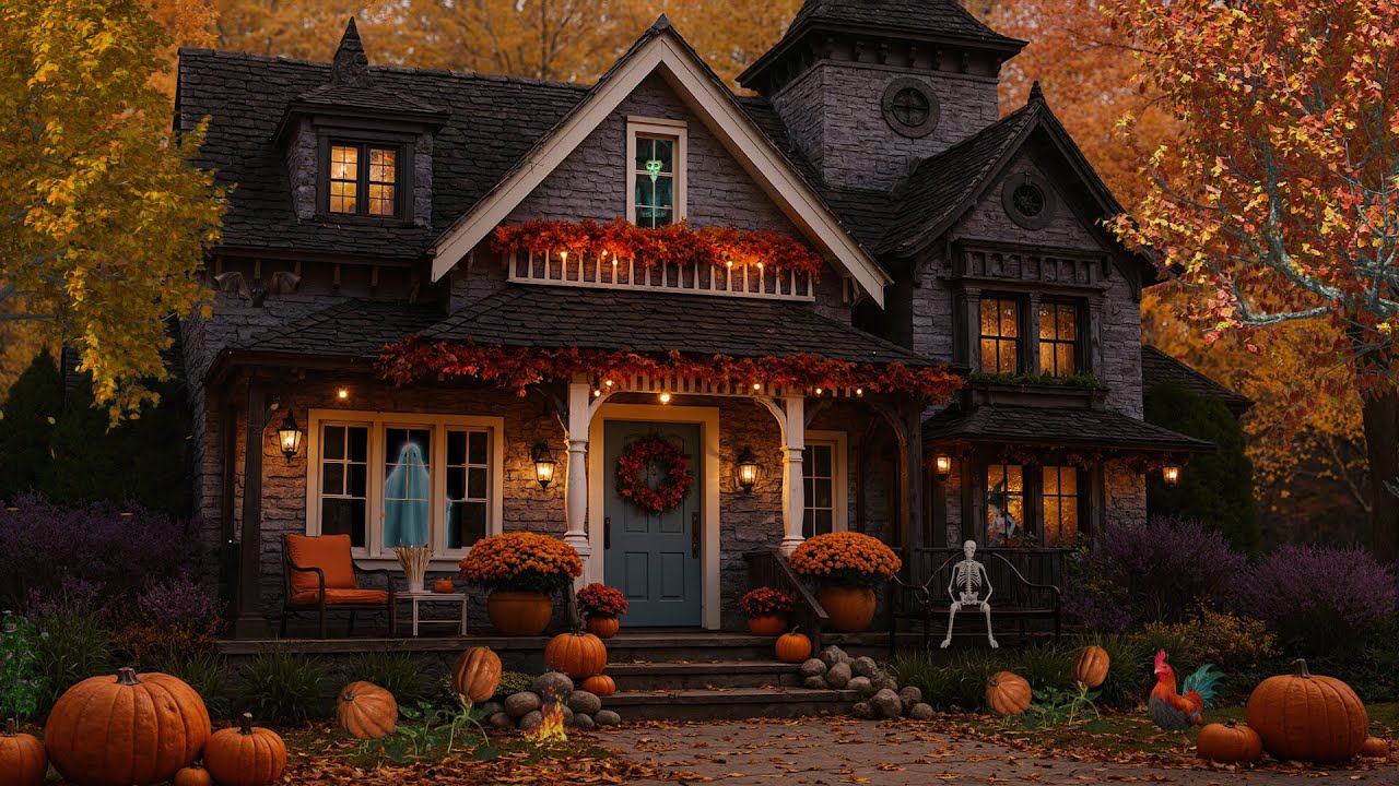 Cozy Autumn Halloween Porch At Night 🎃 Crickets, Owls & Gentle Wind Ambience