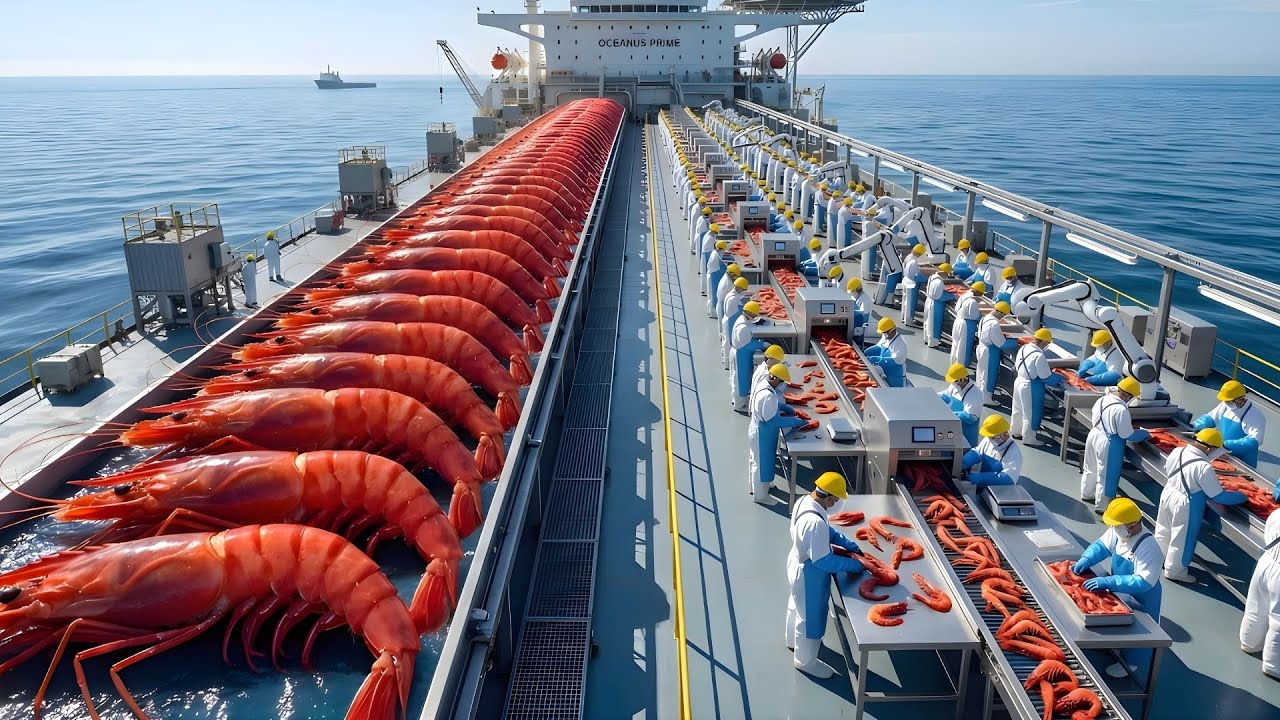 Inside the Modern Deep Sea Red Shrimp Factory: Massive Catch & Amazing Automated Canning Line