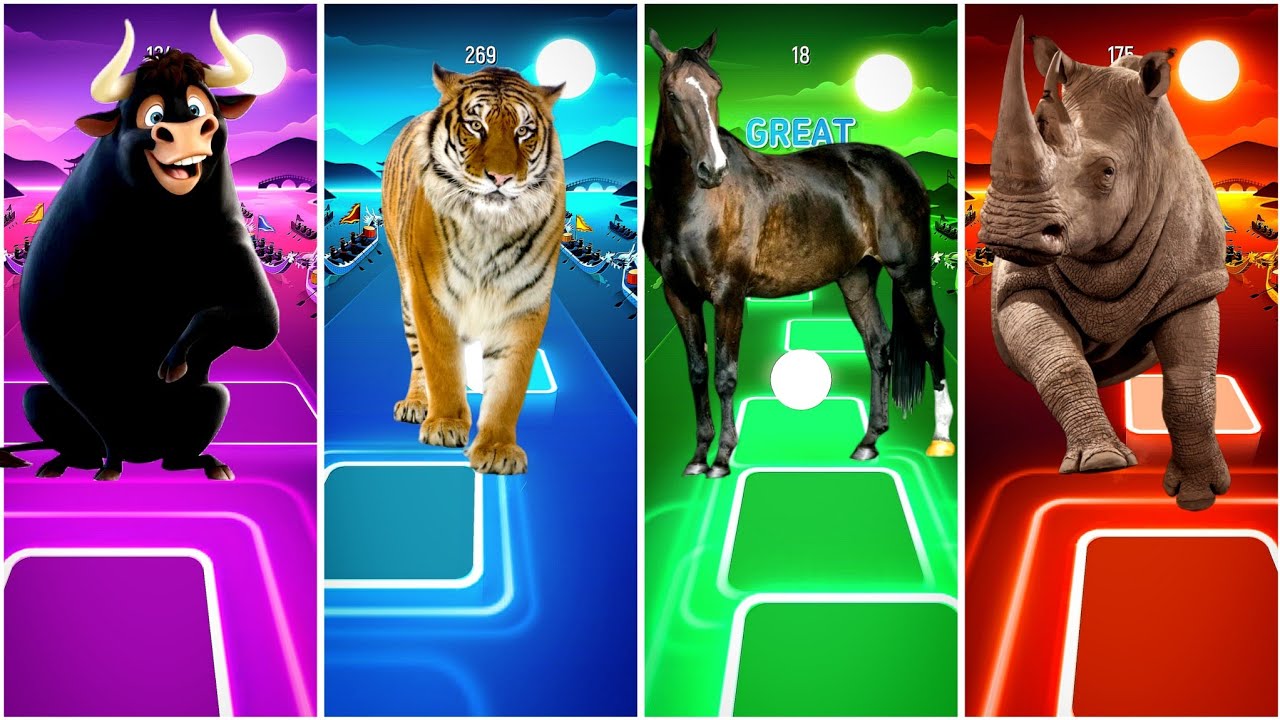 🐂 Ferdinand 🆚 🐅 Funny Tiger 🆚 🐎 Funny Horse 🆚 🦏 Funny Rhino | Tiles Hop EDM Rush