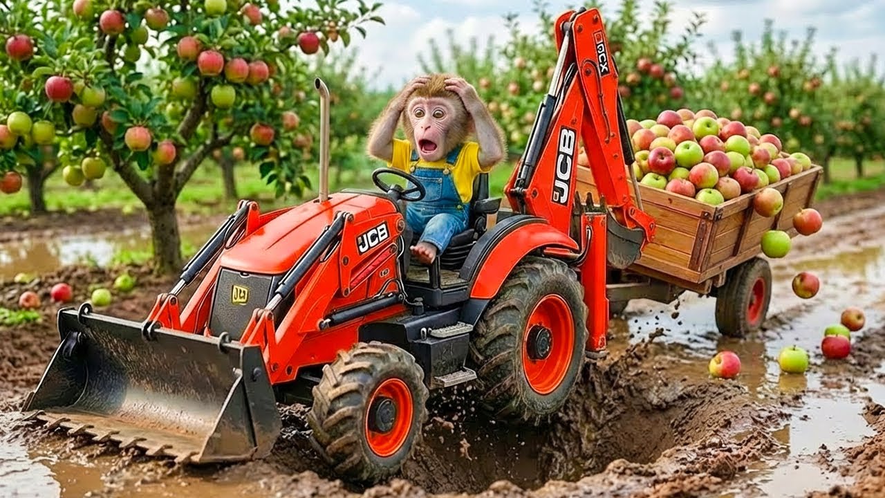 Monkey Sisi the JCB Tractor Excavator and the Unexpected Road Repair After the Big Rain MONKEY LIFE