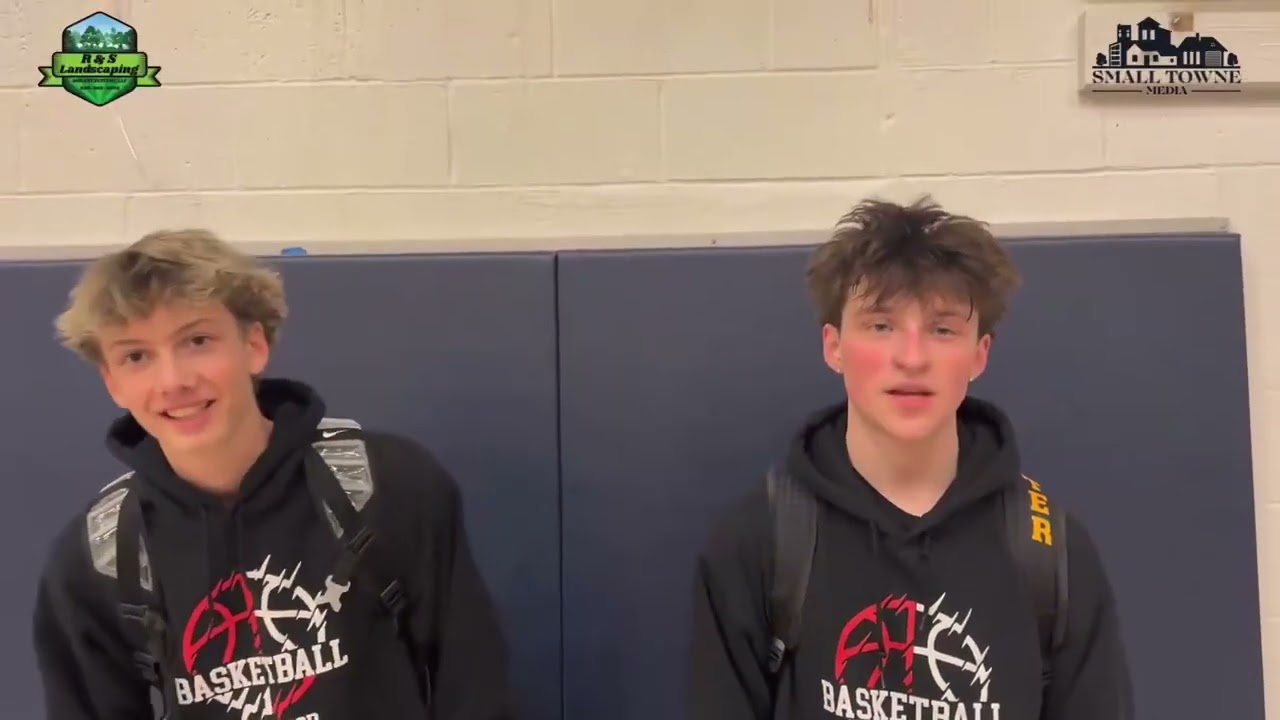 Crestwood Red Devils Colton Mayle, Joel Custer & Coach Andrew Mertz after their 61-57 win over