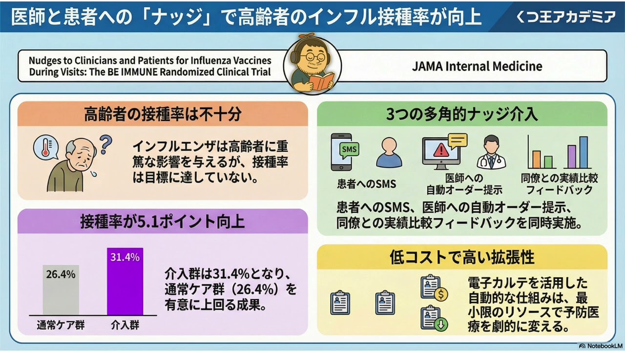 【医療者向け・音声のみ】患者・医師への複合的ナッジ介入は高齢者のインフルエンザワクチン接種率を有意に高める：BE IMMUNEランダム化試験　JAMA Internal Medicine
