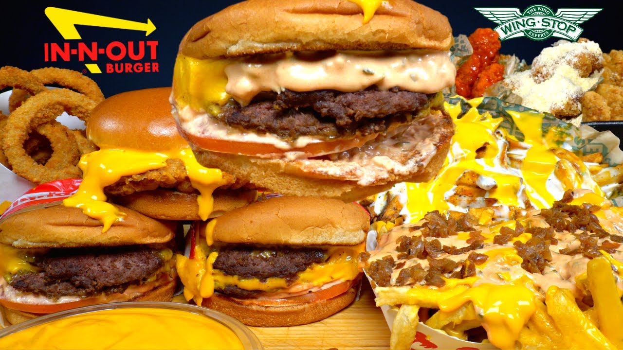 asmr mukbang Animal style in n out & wingstop! burgers, chicken & Voodoo fries | with Cheese