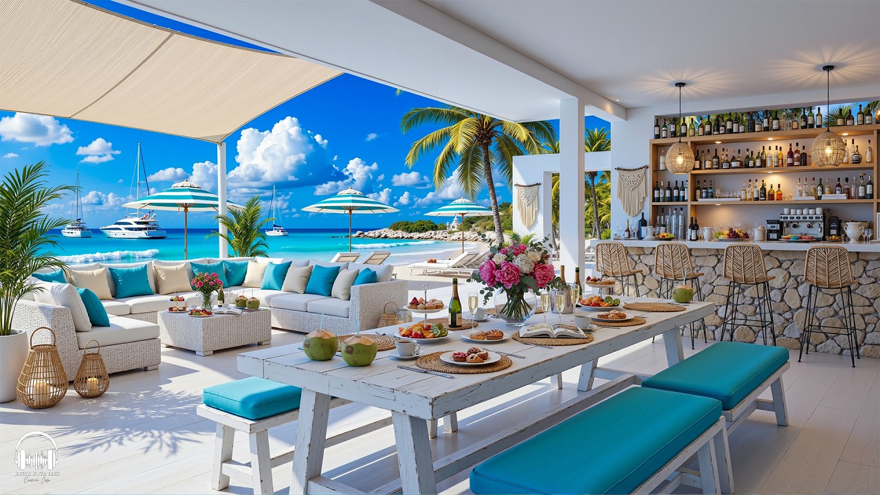 Sweet Morning Jazz at Seaside Cafe Ambience 🌊 Summer Bossa Nova Music & Ocean Waves for Happy Moods