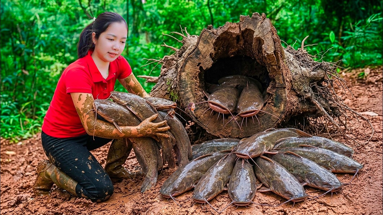 Harvesting Catfish Giant In Wild Mud Pond Goes To Market Sell | Linh -Free Bushcraft, How trap fish