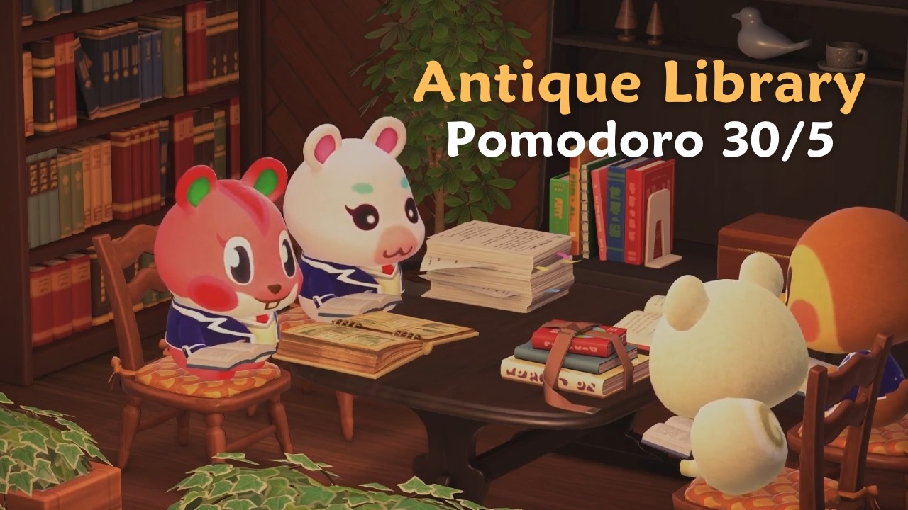 30min Library Study Timer 📖 | Crackling Fireplace Sounds | Pomodoro 30/5 | Animal Crossing ASMR