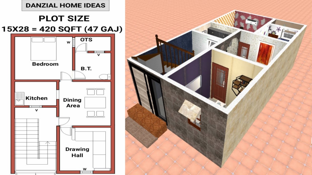 15×28 1+1 Bedroom | 47 Gaj Ghar Ka Naksha | 3D Home Design | Modern House Designs | Small House plan