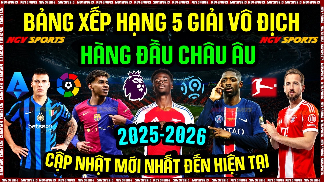 BẢNG XẾP HẠNG 5 GIẢI VÔ ĐỊCH HÀNG ĐẦU CHÂU ÂU | NGOẠI HẠNG ANH, LA LIGA, SERIE A, ĐỨC, PHÁP MỚI NHẤT