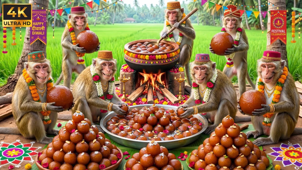 बंदरों ने मिलकर बनाए ढेर सारे गुलाब जामुन 😱  Monkeys Made Lots of Gulab Jamun