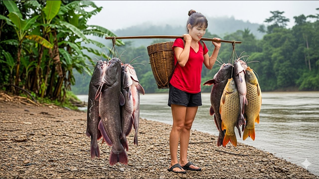 Mãe Solteira Captura Centenas de Quilos de Peixes Gigantes no Lago de Lama – Método de Pesca Ousado
