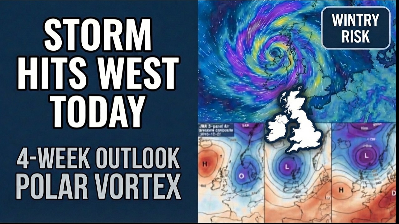STORM ON WEST COAST TODAY and 4 Week Weather forecast & Polar Vortex Update UK & Ireland.