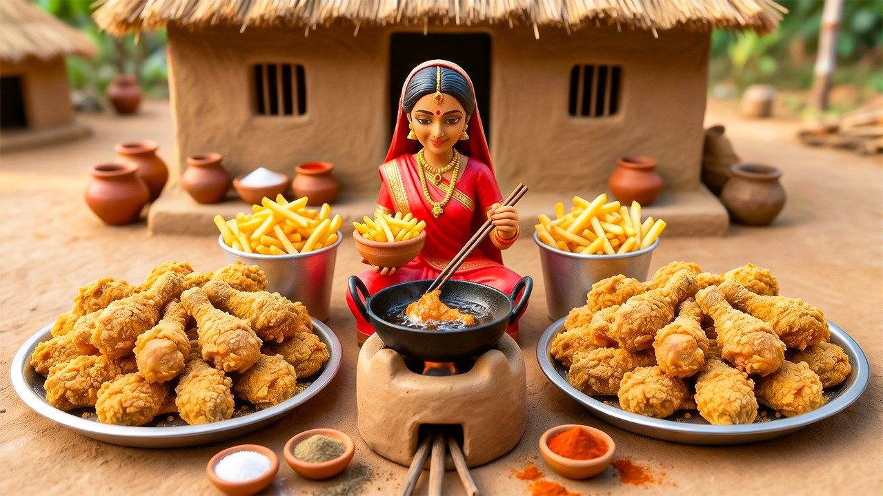 Miniature Doll massive KFC style fried chicken Cooking ASMR | Indian Village Tiny Kitchen Story