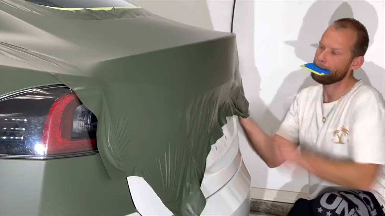 Wild Matte Military Green Tesla Model S Vinyl Wrap (timelapse)