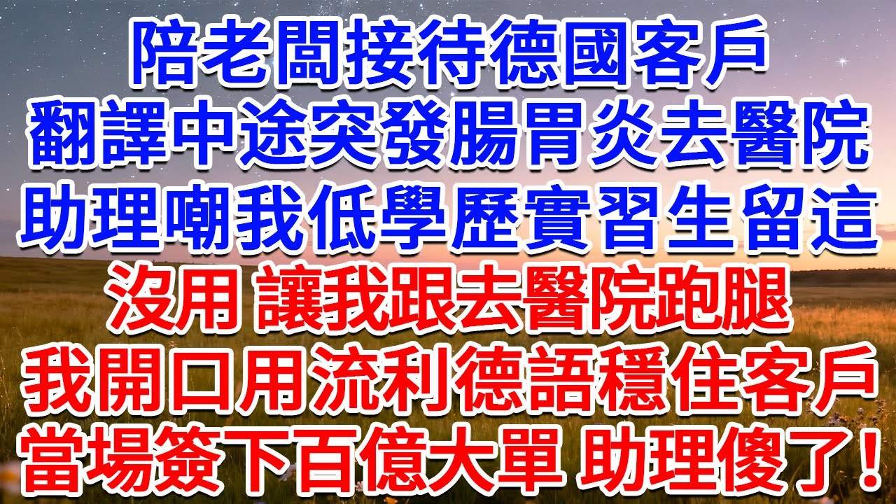 陪老闆接待德國客戶，翻譯中途突發腸胃炎去醫院，助理嘲我低學歷實習生留這沒用 讓我跟去醫院跑腿，我開口用流利德語穩住客戶，當場簽下百億大單 助理傻了！#為人處世 #生活經驗 #情感故事 #故事 #小說