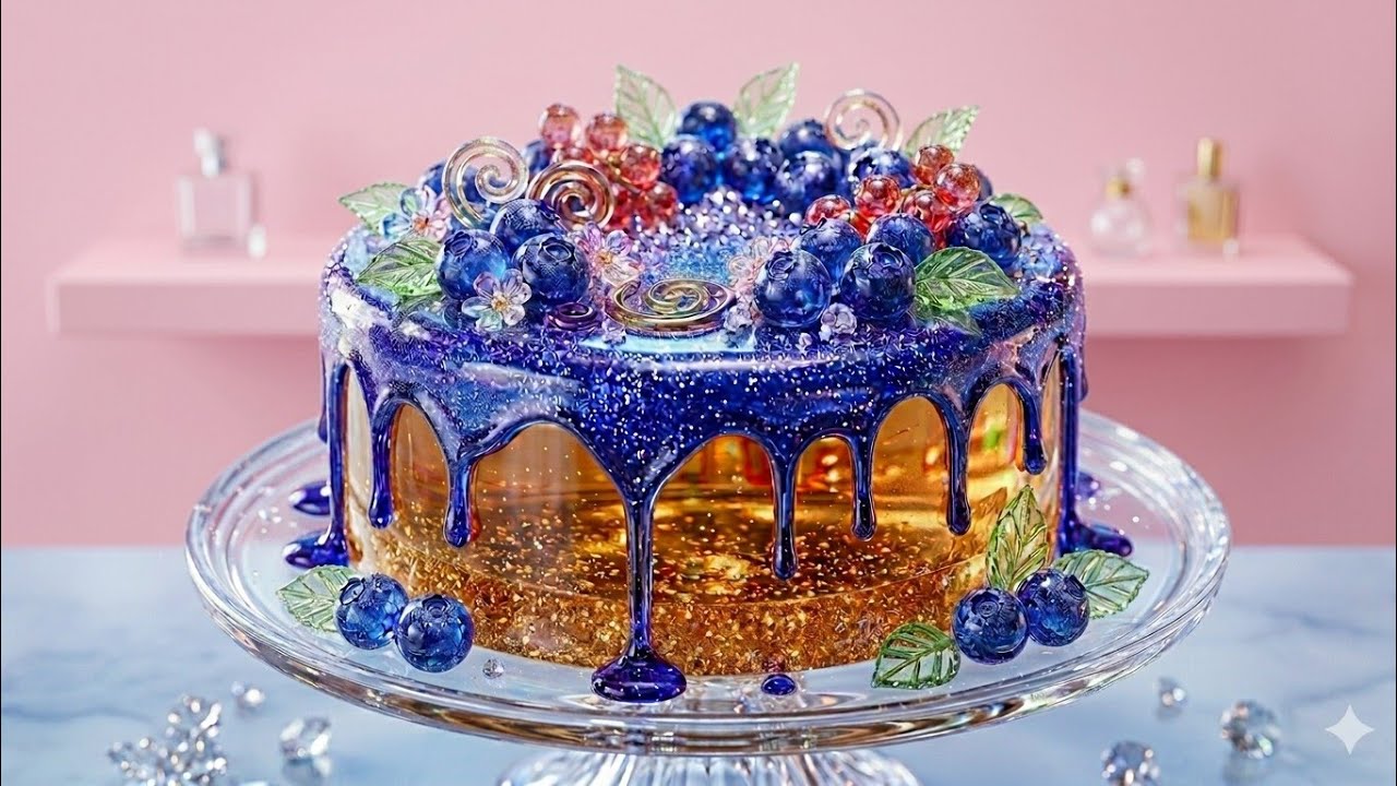 Miniature crystal glass blueberry cake | baking & eating | relaxing ASMR