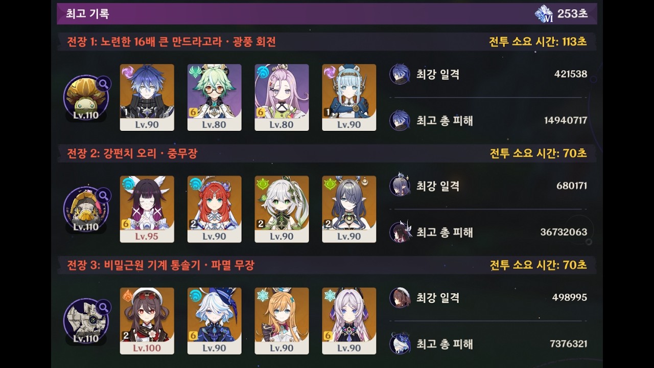 원신 6.4 지맥제압전 절망 253초 플린스 달감전/콜롬비나 온필드 개화/호?두 빙?결